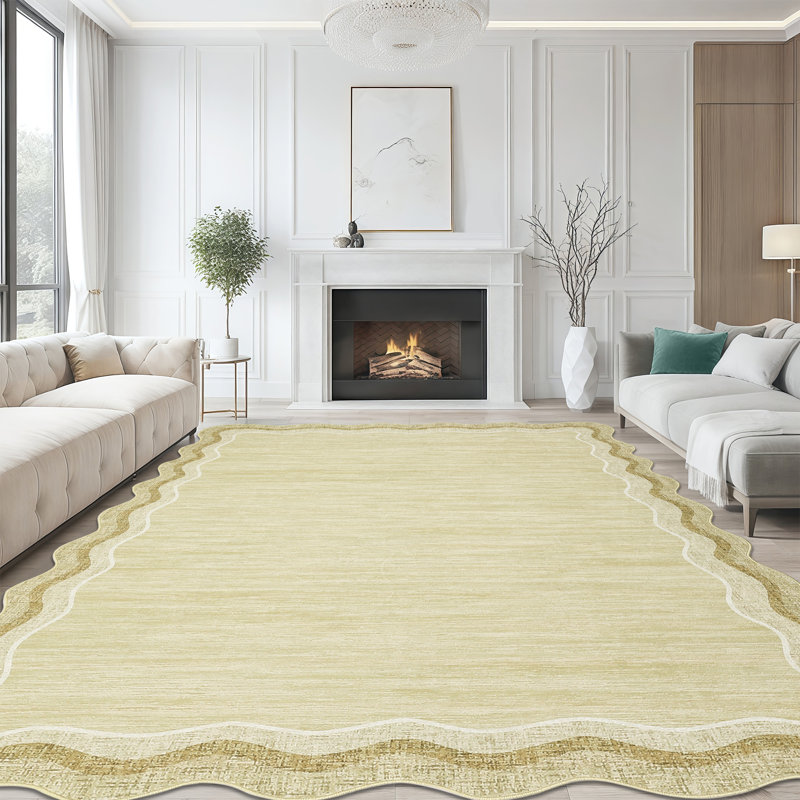 Scalloped Area Rugs Washable Modern Accent Rug, Stain-Resistant Foldable Floor Mat with Non-Slip Backing, Contemporary Low Pile Indoor Carpet for Bedroom, Living Room