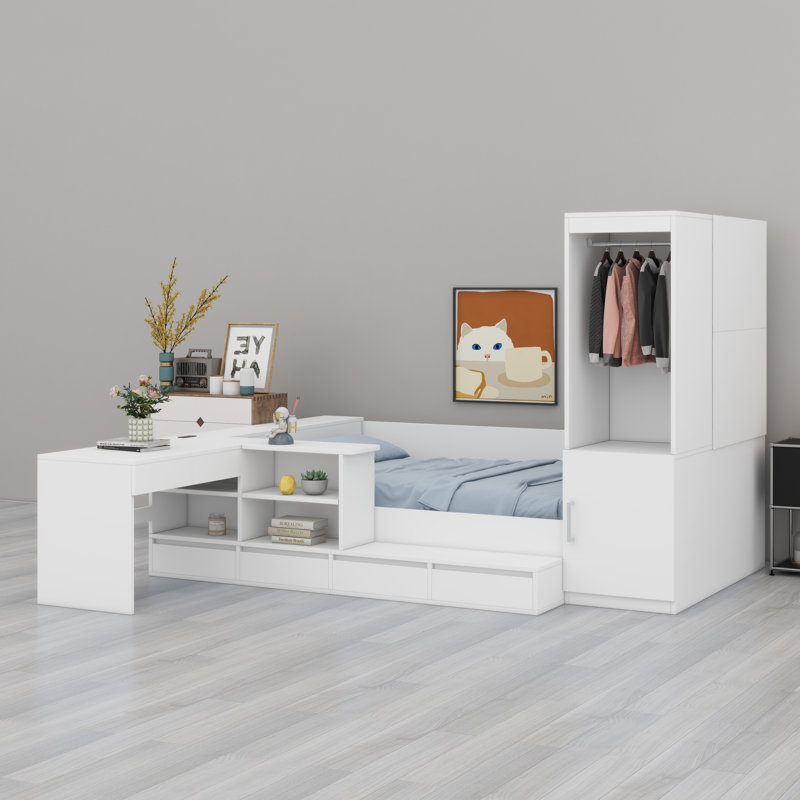 Lit plateforme avec tiroirs, tablettes, bureau et garde-robe, Blanc