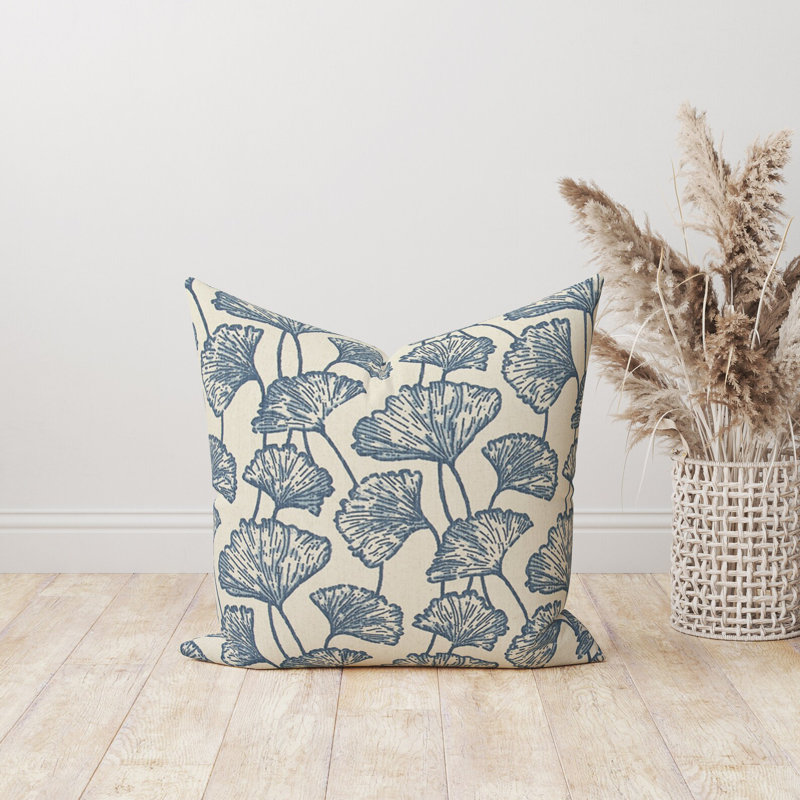 Blue and beige leaf print pillow cover, 15"H x 15"W