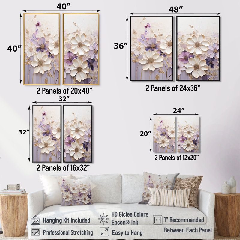 Beige et mauve orné de violettes I - grandes violettes, art mural, 40" H x 40" W, Impression encadrée flottante, Gold
