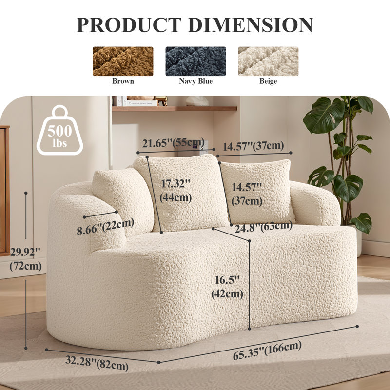 Boneless 65.4" Plush Curved Loveseat Sofa with Pillows, Beige