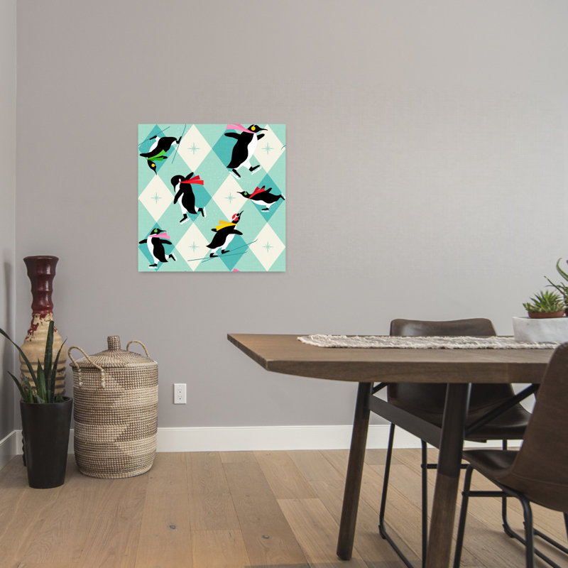 Winter Penguin Fun Geometric Playful Retro Bird Penguin Winter Landscape Wall Art Print by Dominique Vari - Wrapped Canvas Print