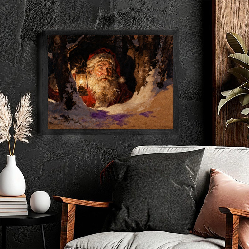 Art mural rétro noir encadré père Noël - Reproduction encadrée de scène de forêt de Noël rustique, H 17 po x l 13 po