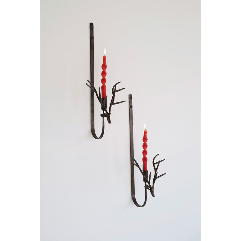 Kalalou Set of 2, 24" H Deer Wall Sconces Forged Iron Rustic Brass Candle Holders for Home Decor
