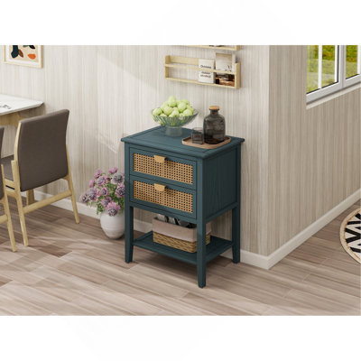 Table d'appoint 2 tiroirs, rotin naturel, table de bout, convient à la chambre à coucher, au salon et au bureau