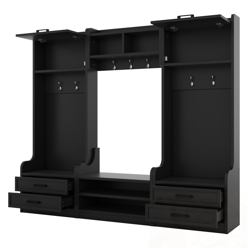 Hall Tree With 7 Hooks, 4 Storage Drawers And 2 Cabinets, Black
