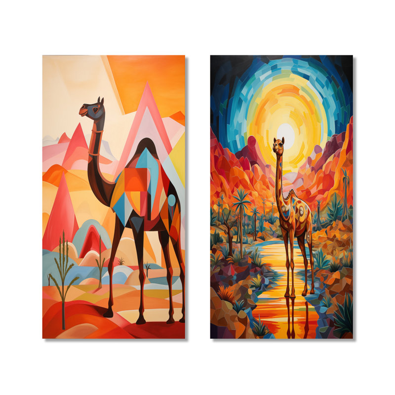 Chameau dans un paysage désertique coloré du Sahara I - Ensemble de 2 décorations murales en métal, H 32 po x l 32 po