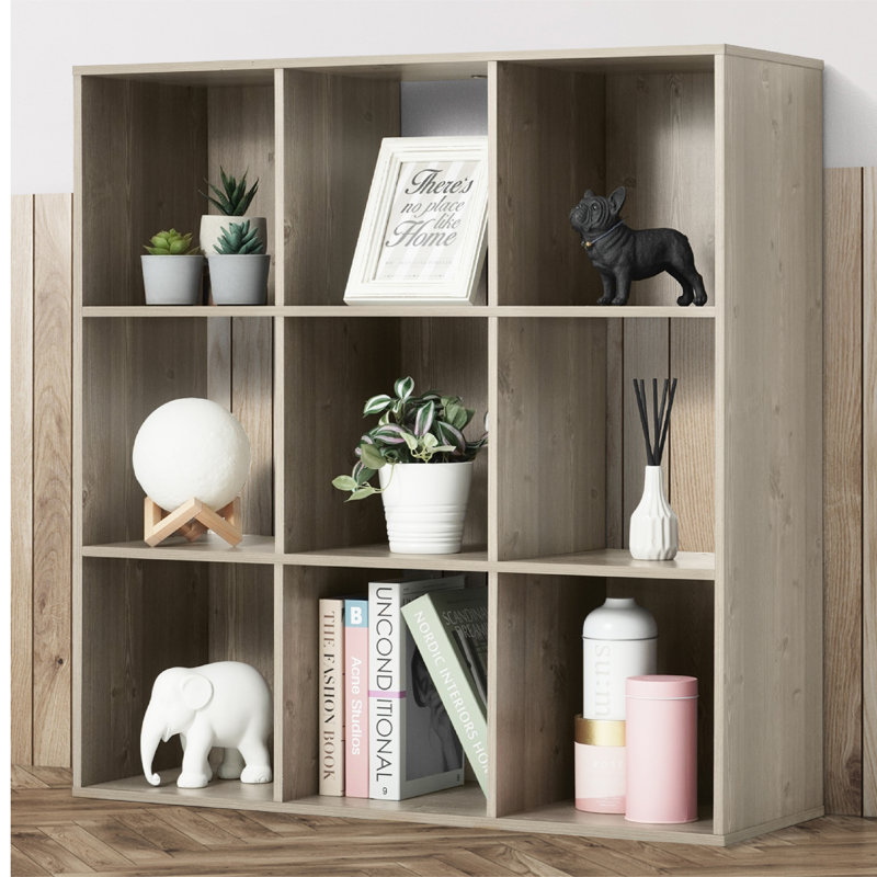 9-Cube Storage Organizer Shelf, Home Storage Shelf Divider w/ Back, 11-Inch Storage Bookcase, Rustic Grey Oak , 9 Cube