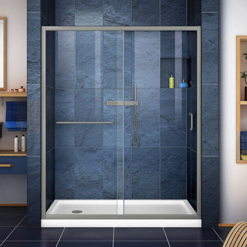 Porte de douche coulissante semi-encadrée transparente DreamLine Infinity-Z 81 cm P x 152 cm L x 190 cm H, finition nickel brossé, avec bonde à gauche et ensemble de receveur de douche blanc