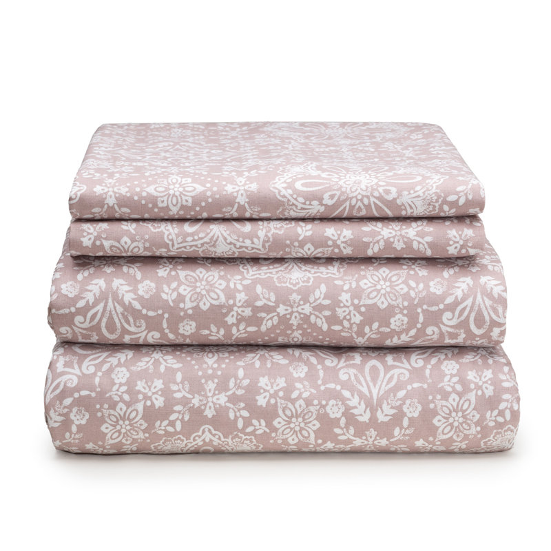 Vintage Floral Damask Blush Print, 100% Cotton Sheet set , Blush, Queen Fitted Sheet with 2 Pillowcases
