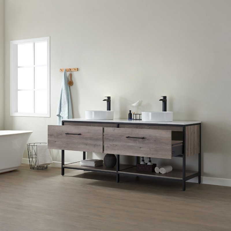Ensemble de meuble-lavabo double 72 po Murcia, Marbre blanc, Chêne mexicain / noir