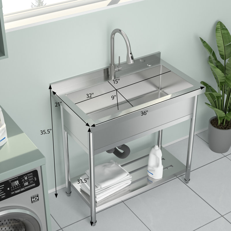 25"L x 22"W Commercial Laundry Sink Freestanding Stainless Steel Utility Kitchen Sink with Open-shelf,Kitchen Faucet