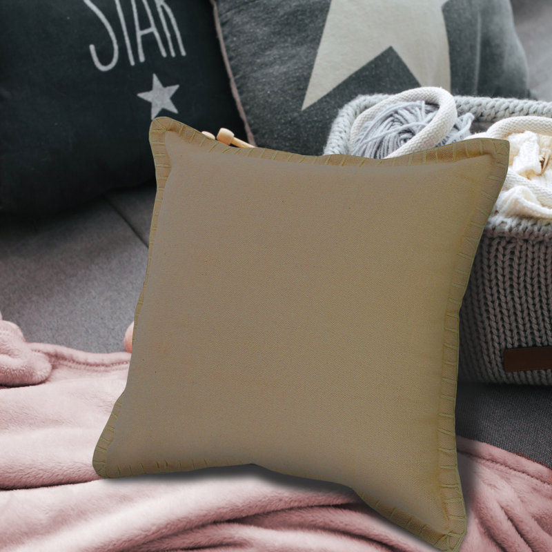 Tan Square Cotton Embroidered Border Throw Pillow