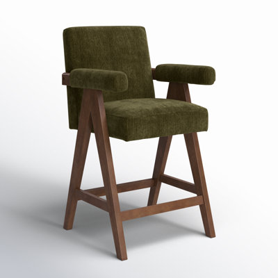 Brittnie 25.5" Full Back Walnut Wood Upholstered Counter Stool With Arms by Mercury Row