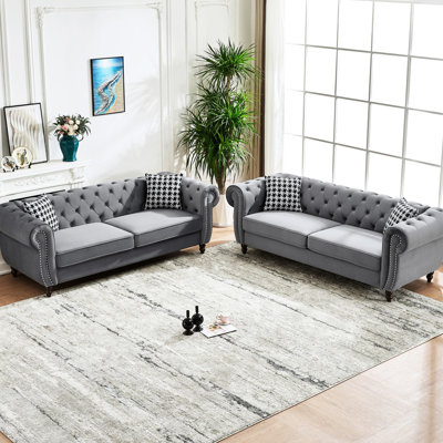 Gray 3+3 Seater Velvet , Mid Century Design For Living Room, Solid Pine Wood, Comfortable Foam Filler In Velvet, Apartment, Spacious And With 450 Lbs Weight Capacity, High - Density Cushion