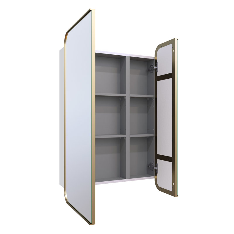 Recessed Frameless Dual Door Medicine Cabinet with Adjustable Shelves, Satin Brass