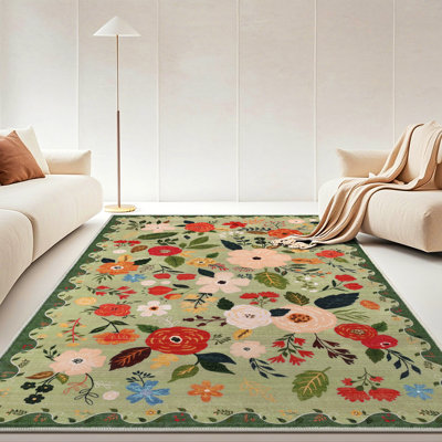 Green Floral Machine Washable Area Rug with Non-Slip Backing