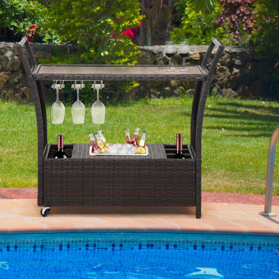 Outdoor Bar Cart With Wheels And Ice Bucket, Outdoor Bar Table Serving Cart Rattan Bar Cart With Glass Top And Wine Glass Holder For Pool, Party, Backyard, Porch