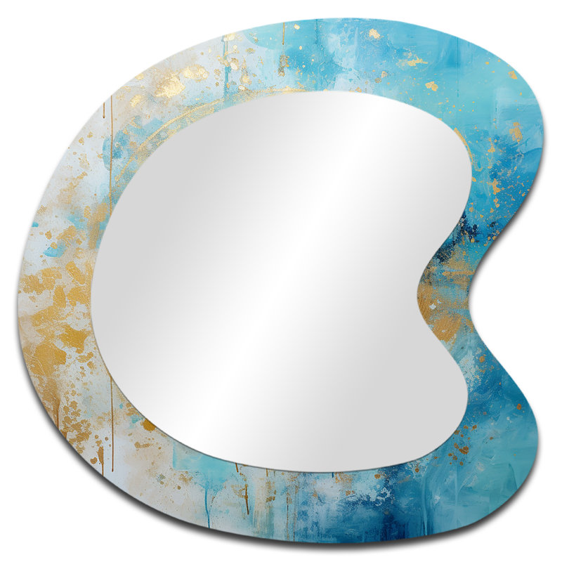 Divine Mandala Delicate Gold Gentle Turquoise I - Boho Mandala Unique Shape Decorative Wall Mirror, Traditional Freeform Mirror, Printed Metal Art