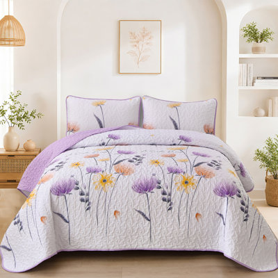 3 Pieces Floral Quilt Set Lightweight Farmhouse Style Coverlet Sets For All Season