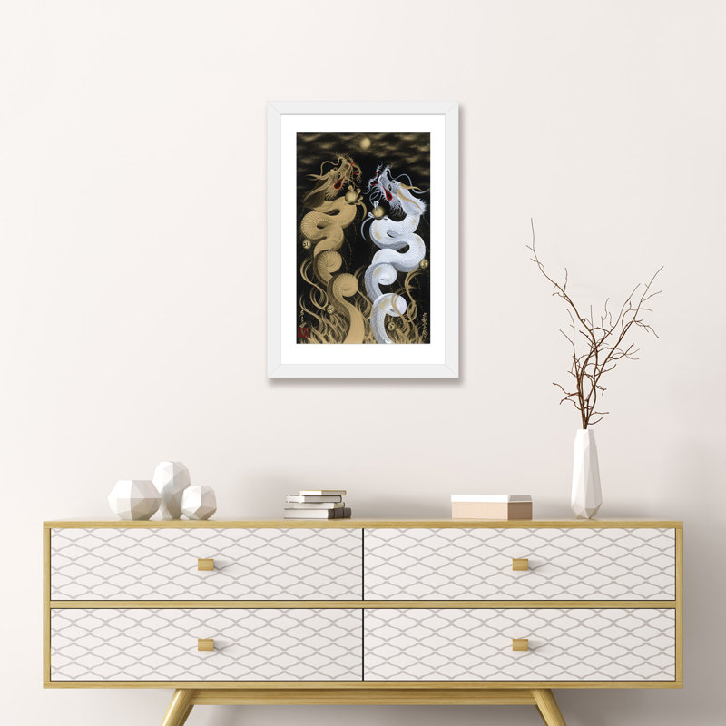 «Flying Twin Dragons» - reproduction, H 24 po x l 16 po x P 1 po, Papier beaux-arts encadré blanc
