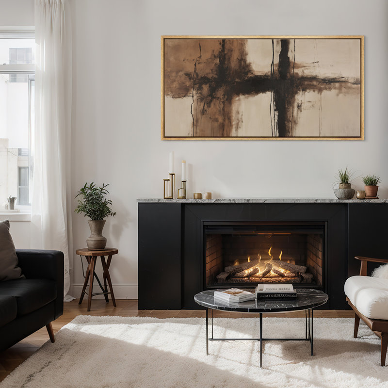 «Rustic Cross-Form Brushstroke Abstract» en brun et noir - impression sur toile encadrée de la chambre principale, Naturel