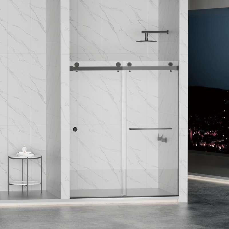 Porte de douche pour salle de bain à double porte coulissante en verre trempé transparent l 55 "- H 59" x H 72 "