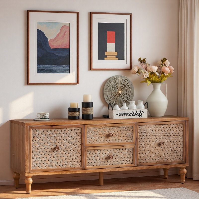 Meuble télé 60 po Mid-Century, console en rotin Boho avec rangement, centre multimédia pour le salon