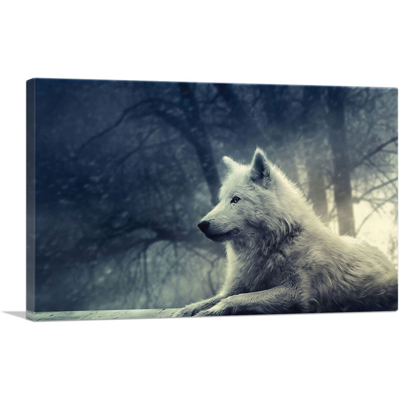 Loup blanc dans la forêt - reproduction de photo sur toile tendue, H 18 po x l 26 po x P 1,5 po