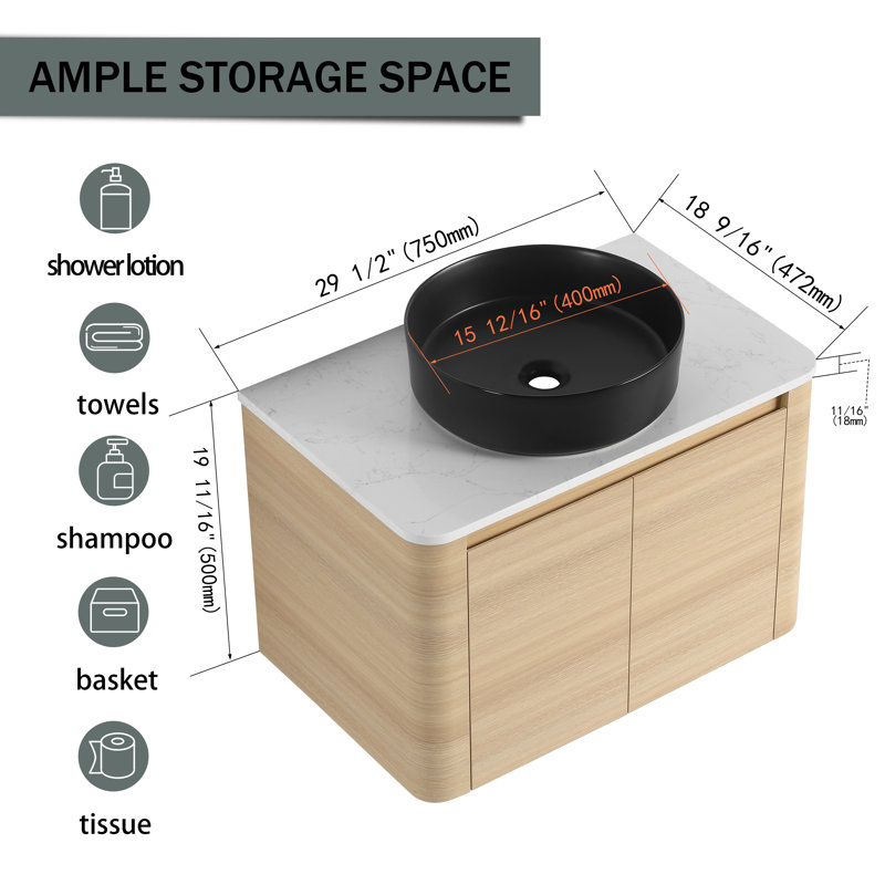 Meuble-lavabo mural 29 1/2 po - 5 options de lavabo couleur, armoire en bois clair et plateau en pierre reconstituée (type B)