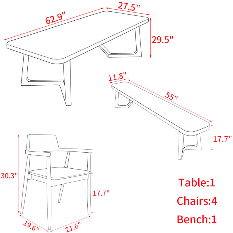 Ensemble de table de salle à manger en bois massif de style américain, H 29,5 po x L 62,9 po x l 27,5 po