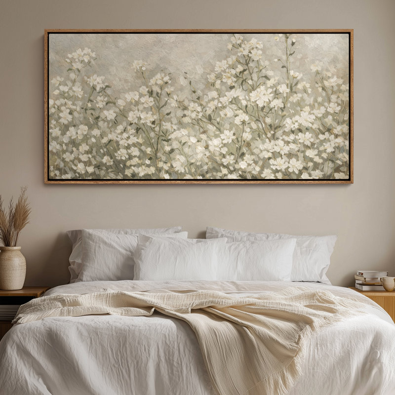 Framed Canvas Wall Art - Soft White Wildflower Field in Calm Neutral Palette - 16"x24", 24"x36", Natural, 30" H x 60" W