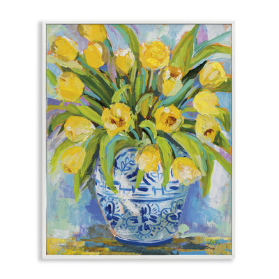 Expressif, tulipes jaunes dans un vase bleu orné, peinture par Jeanette Vertentes - Peinture