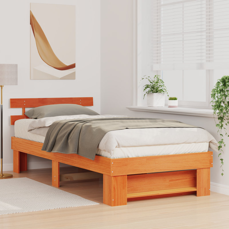With Headboard Solid Pine Wood, European Single (90 x 200 cm), Wax Brown