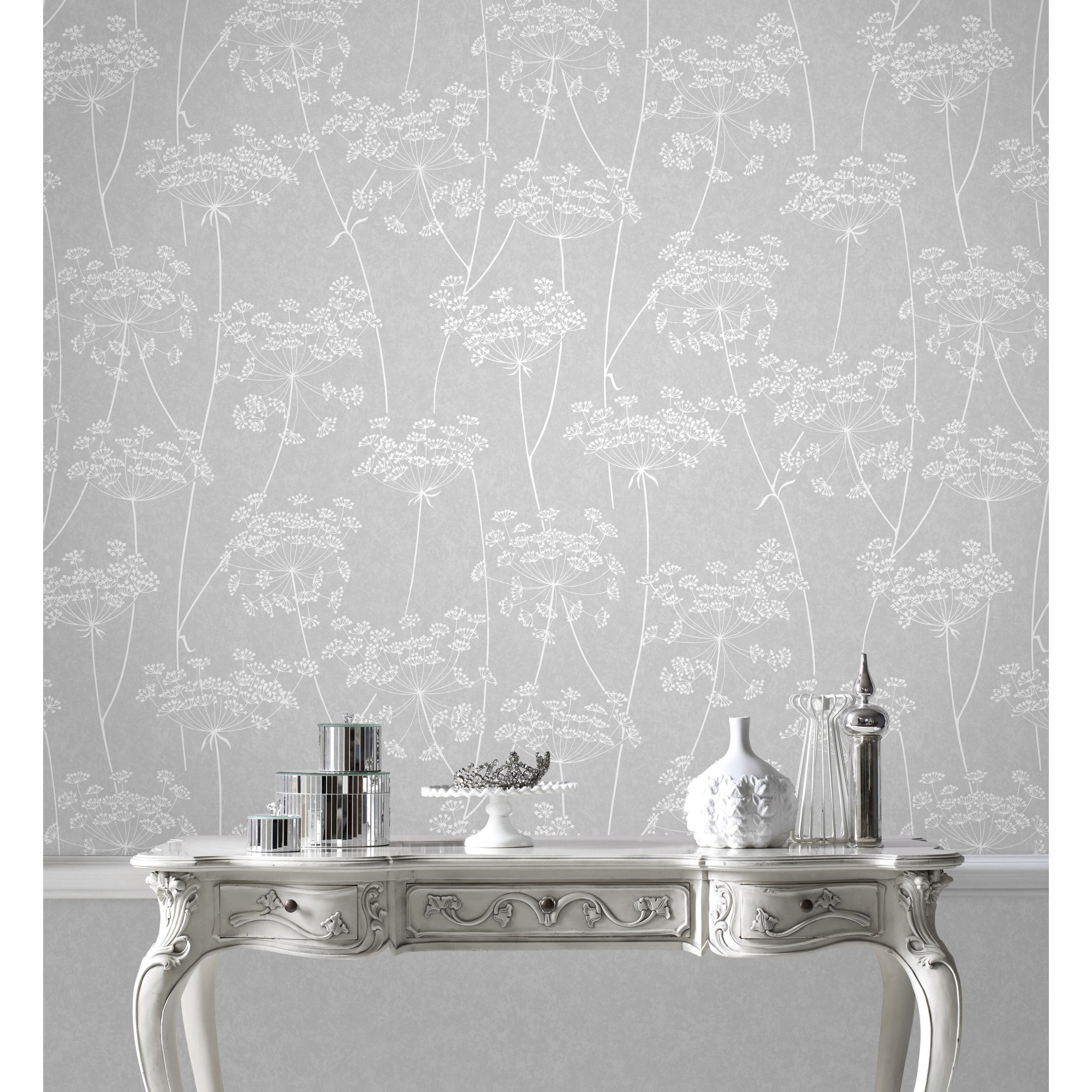 Edmore Modern Floral Wallpaper, Cloud Gray