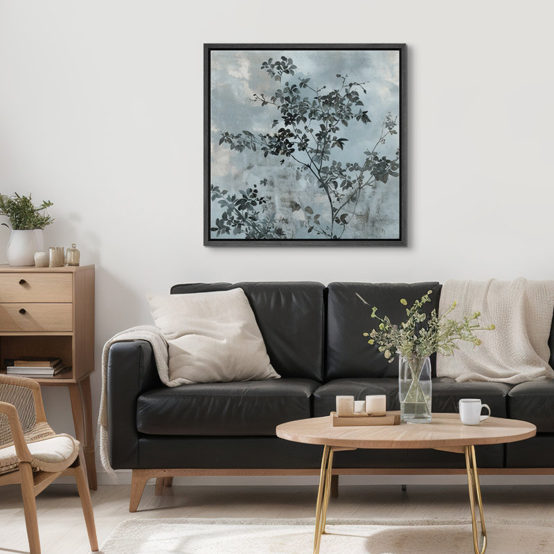 Tree Branch Leaves Abstract Background, 16" H x 16" W, Black Floater Frame