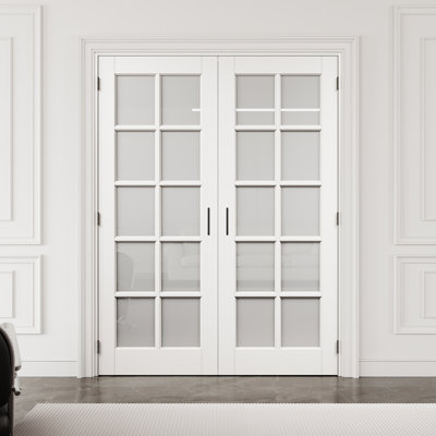60" x 80" 10-Lite Frosted Glass Interior French Door with Black Hardware & Ball Catch & Handle, Tempered Glass Door Slab with Privacy, Paintable & Waterproof, Suit for Laundry, Closet Doors, Room Doors, Assembly Required