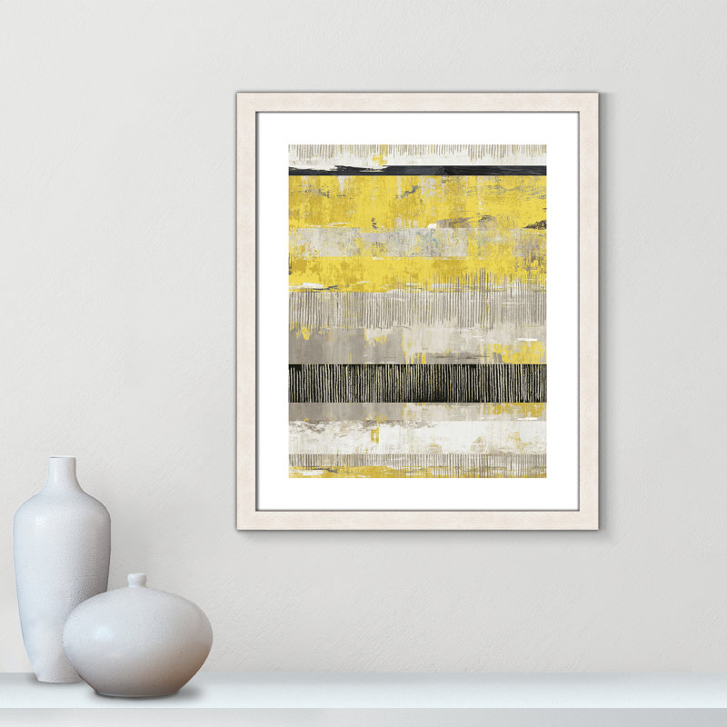 Yellow Celadon Dreams - Art encadré autoportant par Tom Reeves, Cadre à grain de bois blanc, H 15,5 po x l 32 po x P 1,125 po