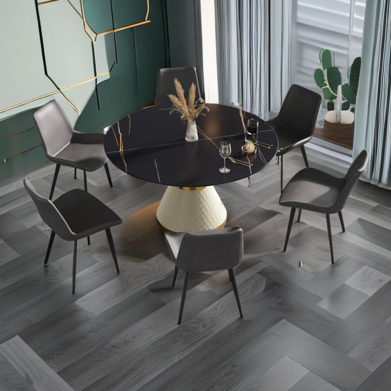 Modern Round White Pedestal Dining Table, 29.53" H x 53" L x 53" W, Black