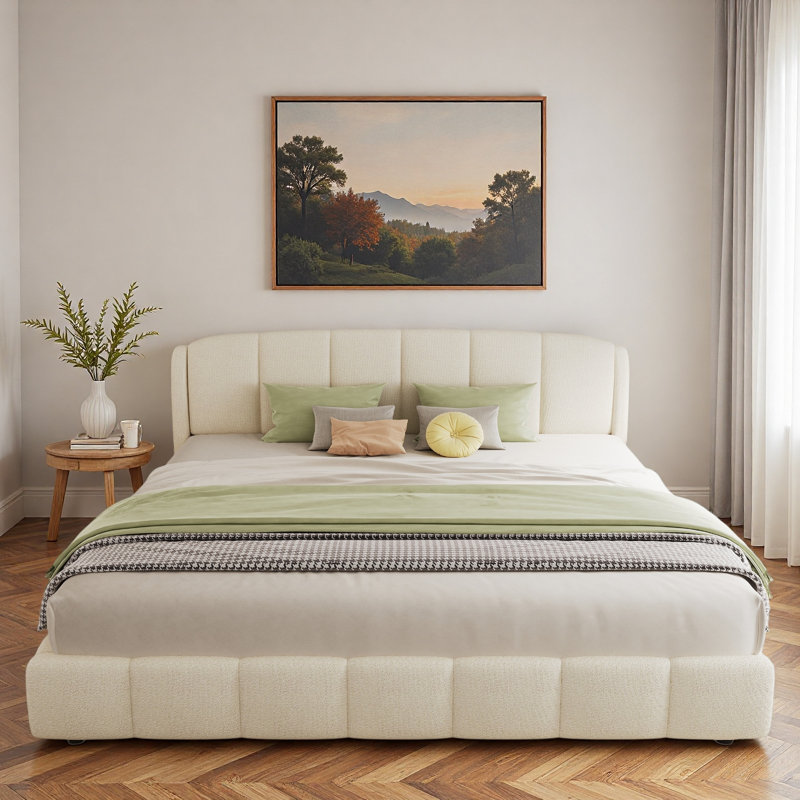 Lit plateforme tapissier Boucle avec tête de lit arrondie et pieds robustes