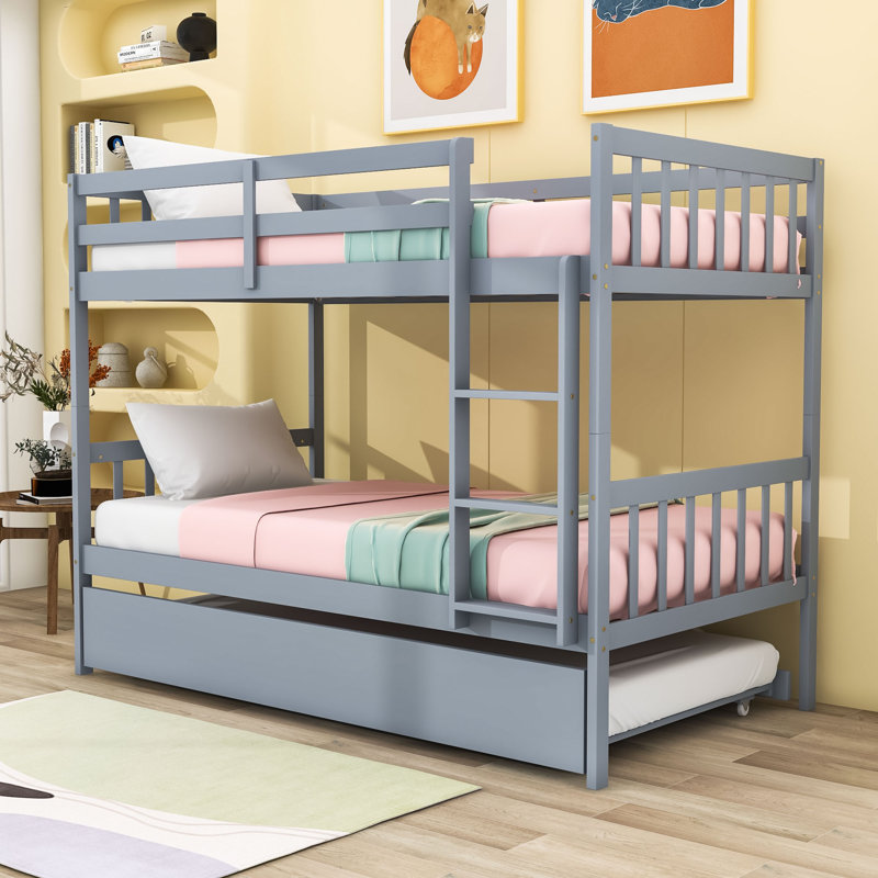 Hulbard Twin Over Twin Convertible Wooden Bunk Bed With Twin Trundle And Safety Guardrails, Gray