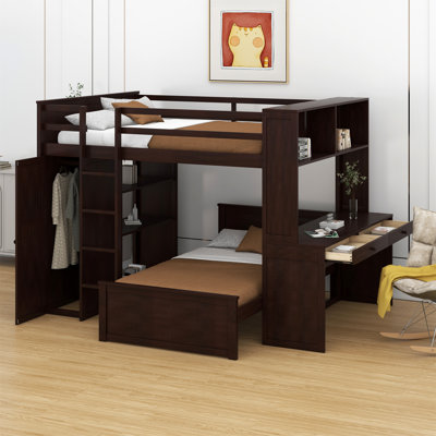 Lit mezzanine avec lit autonome, tablettes, bureau et garde-robe