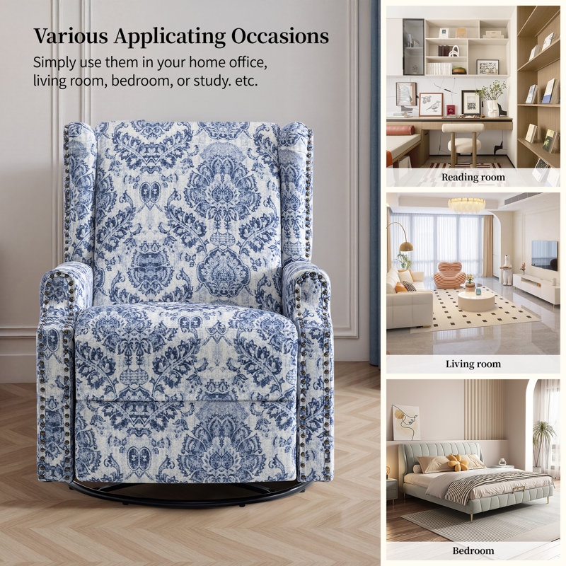 Upholstered Classic Wing Back Manual Handle Swivel Rock Glider Recliner with Naihead Trims, Navy