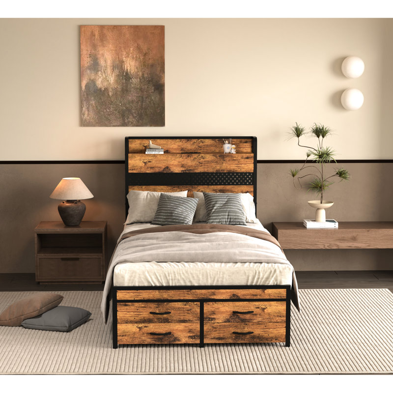 Lit simple avec rangement et fabrication en métal - sans boîte à ressorts, une structure de chambre à coucher de longue durée avec lumières à DEL 16 couleurs, crée une atmosphère unique, boîte