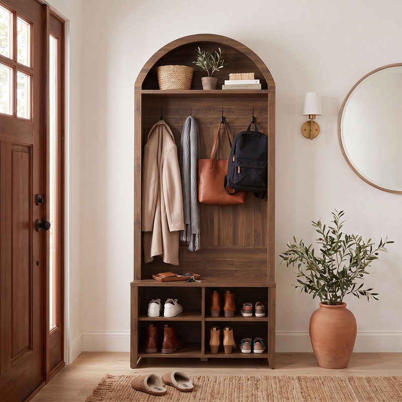 Porte-manteau arqué de 81 cm avec banc et rangement à chaussures, Noyer