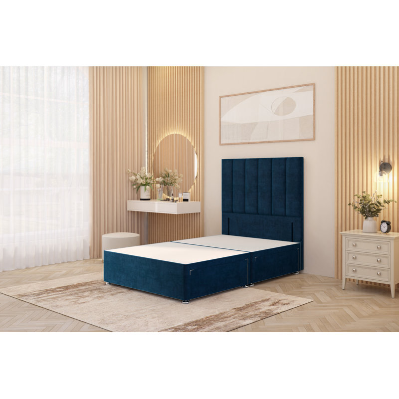 Asterin Divan Bed Base with 54" Floor Standing Headboard Plush Velvet, Navy Blue, Double (4'6), 2 Drawers