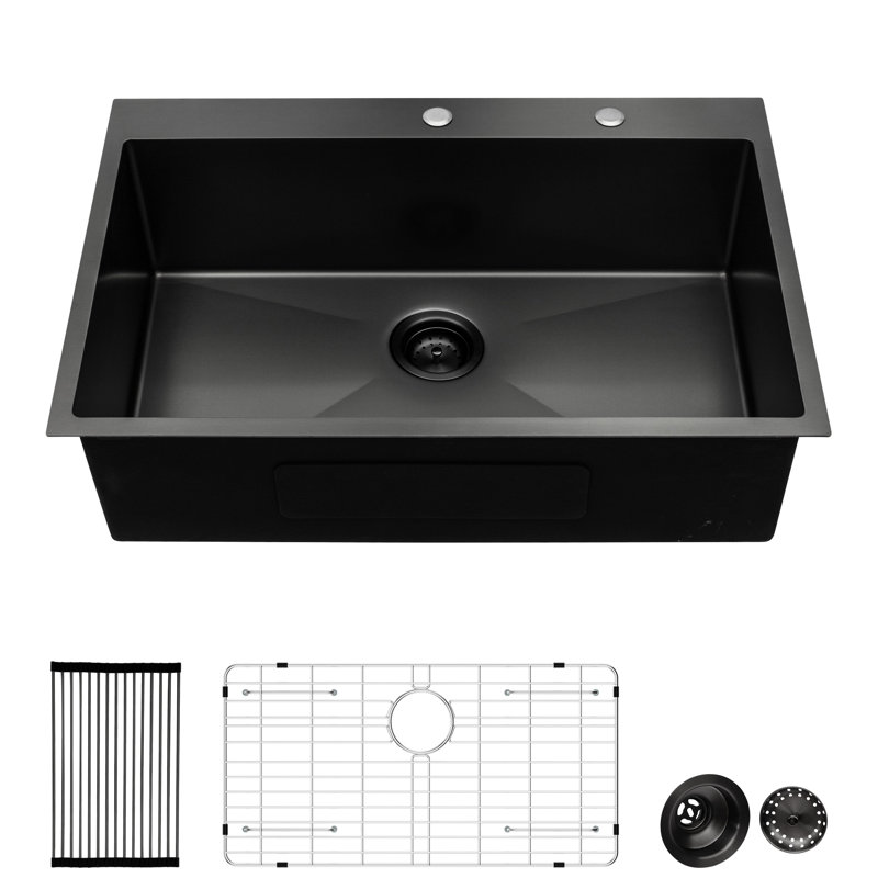 28" Kitchen Sink - Gunmetal Black Stainless Steel 16 Gauge Deep Basin Prevents Stains And Rust Single Bowl 28X22 Inch Finish Sound Absorbing Pad