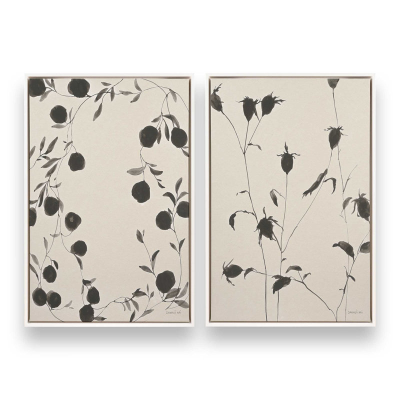 «Black Ink Botanicals», ensemble de 2, Cadre flottant blanc opaque, H 19 po x l 26 po