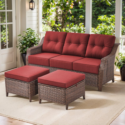 Acton 75" Outdoor Wicker Rattan Patio Sofa With Cushions And Ottomans