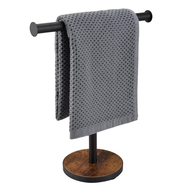 Porte-serviettes autoportant pour comptoir de salle de bain et de cuisine, porte-serviettes à base en bois lesté avec design rustique, aucune installation requise
